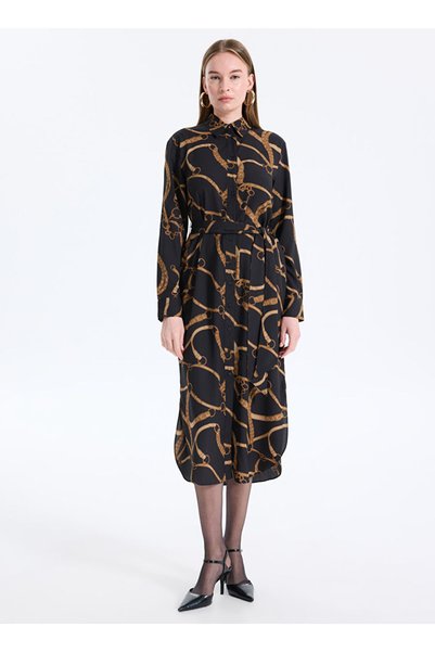 Lauren Ralph Lauren Gömlek Yaka Desenli Siyah Midi Kadın Elbise 200978812