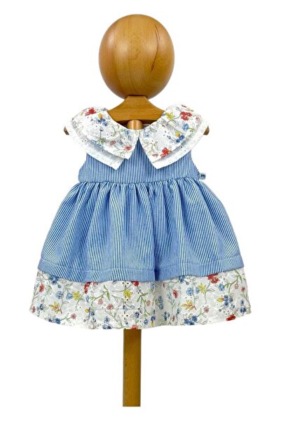 Dumledo Striped Blue Baby Girl Dress with Floral Wide Collar Detail