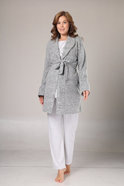 Lohussa Women's Gray Jacquard Shawl Collar Winter Special Design Maternity Maternity Dressing Gown Pajama Set Set