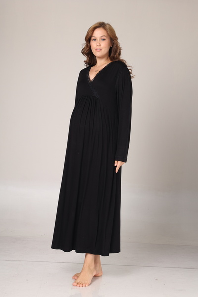 Lohussa Kadın Siyah Jakarlı Dantel Detaylı Tam Boy Kışlık Uzun Kol Tasarım Lohusa Hamile Sabahlık GecelikSet