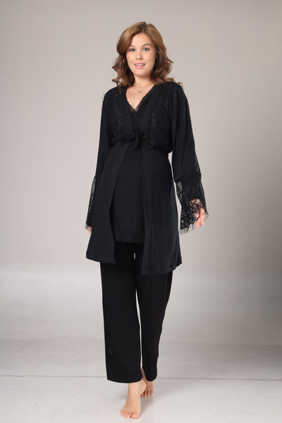 Lohussa Women's Black Jacquard Lace Detailed Winter Special Design Maternity Maternity Dressing Gown Pajama Set Set