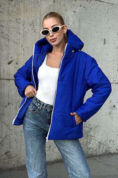 bacc معطف نسائي بجيبين أزرق بلون الكوبالت بغطاء رأس BCVL-25N115