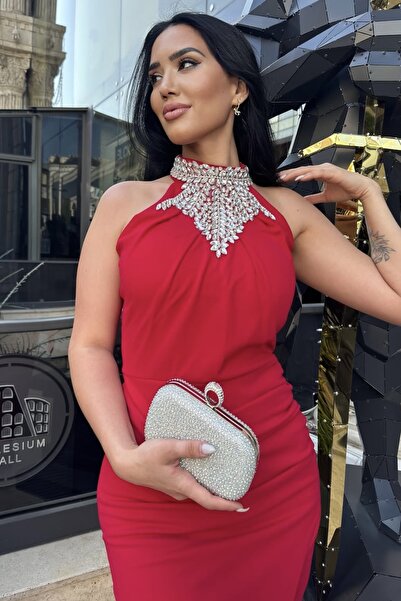 Helen Fashion Krep Tasarım Boynu Taşlı Yırtmaclı Abiye Elbise