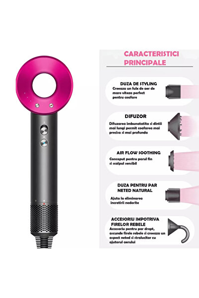 ROMSHOP Professional 1600W hair dryer, ionization, digital motor, 5 accessories