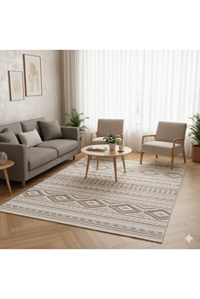 arzen home Bohem Desenli Krem Bej Salon Halısı – Kaymaz Tabanlı, Yumuşak Doku...