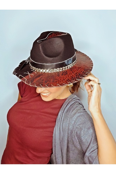 Senbeno Design ÖZGÜN TASARIM DETAYLI SİYAH FEDORA KADIN FÖTR ŞAPKA