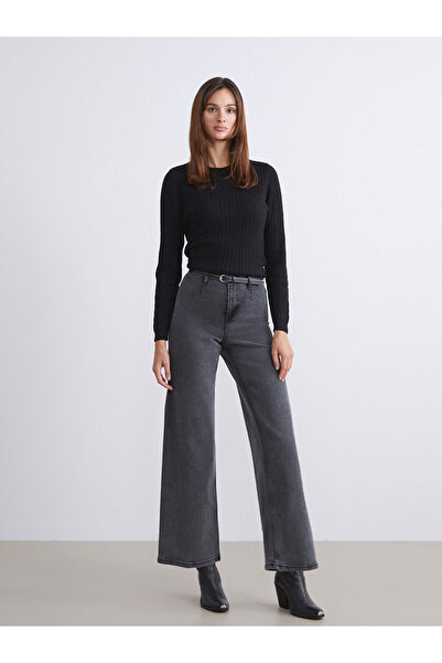 LC Waikiki Lcw Jeans Black Wideleg Women's Jean Pants with Belt at Waist