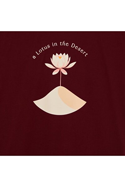 BAPS Hindu Mandir Kids Cotton Crew Neck T-Shirt, Short Sleeves with A Lotus in the Desert Design, Maroon