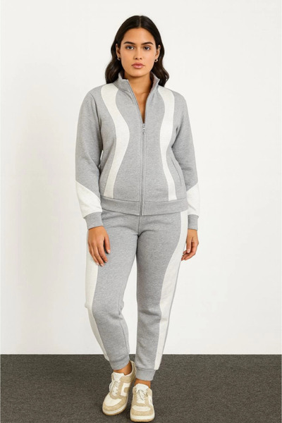 JANES Women's Premium Two-Piece Tracksuit Set - High Neck Zippered Sweatshirt - Gray