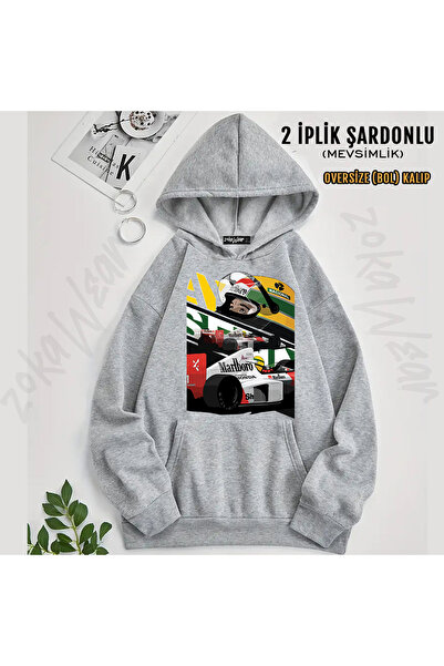 ZOKAWEAR سويت شيرت بقلنسوة مطبوع بتصميم آيرتون سينا فورمولا 1 F1 (خيطان)