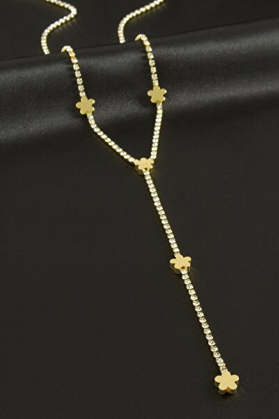 Marsilyan Flower Strip Stone Steel Y Necklace Ilkel-Bjt940