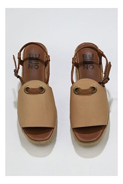BUENO Shoes Bej Kahve Deri Kadın Dolgu Topuklu Espadril Sandalet 01wu6103