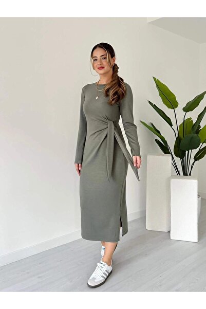 Lensia Yandan Bağlamalı Bisiklet Yaka Uzun Kollu Yanı Yırtmaçlı Elbise