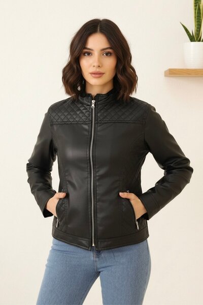 hiramir Suni Deri Polar Astarlı Yeni Sezon Kadın Mont Siyah KS2556