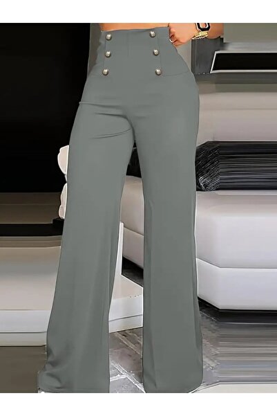 buğrahayalin Women's High Waist Front Buttoned Wide Leg Imported Crepe Trousers