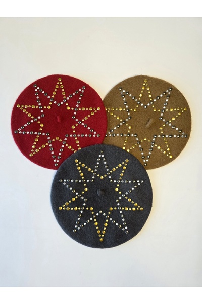 Senbeno Design ÖZGÜN TASARIM YILDIZ DESENLİ TAŞLI TROKLU GRİ FRANSIZ RESSAM BERESİ