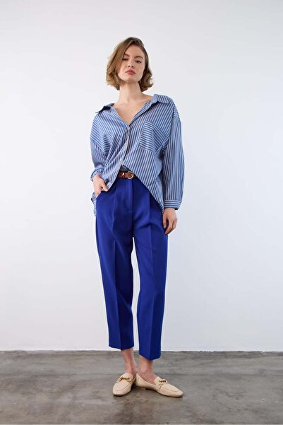 nidistore Saks Blue Belted Pleated Carrot Pants