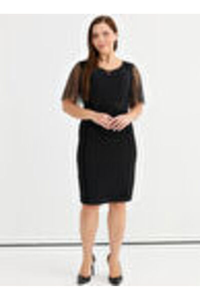 Selen Siyah Kadın V Simli Elbise 25YSL7645-BB