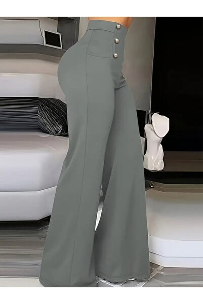 buğrahayalin Women's High Waist Front Buttoned Wide Leg Imported Crepe Trousers