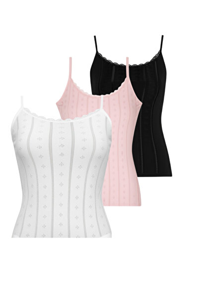 vory Women's 3-Piece Thin Strap Heart Jacquard Pattern Colorful Tank Top Vr.L20.23I.123İ.Y02