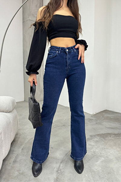 Bluezoni Pantaloni de damă din denim cu talie înaltă, albastru închis, cu picioare evazate, mărime mare