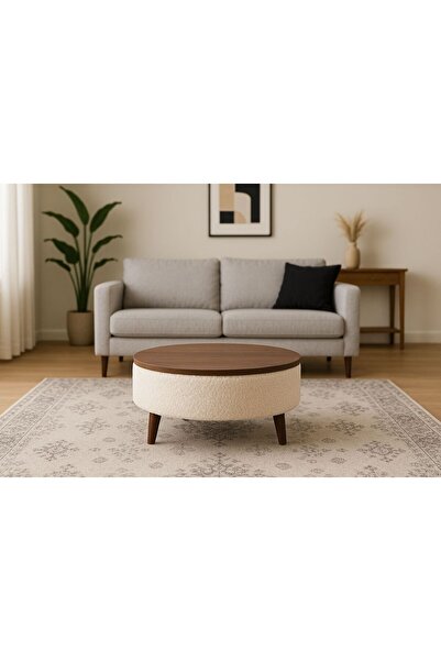 ZİERRA Yeni Nesil Modern Yuvarlak Puf Ceviz Ahşap Orta Sehpa