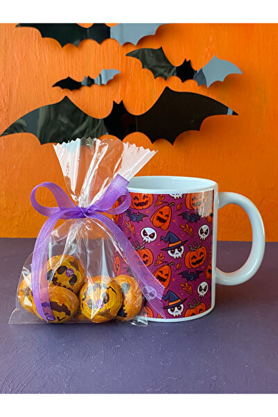 Hepsi Enteresan Halloween Cup with Chocolate Mixed Pattern Purple Background, Halloween Cup