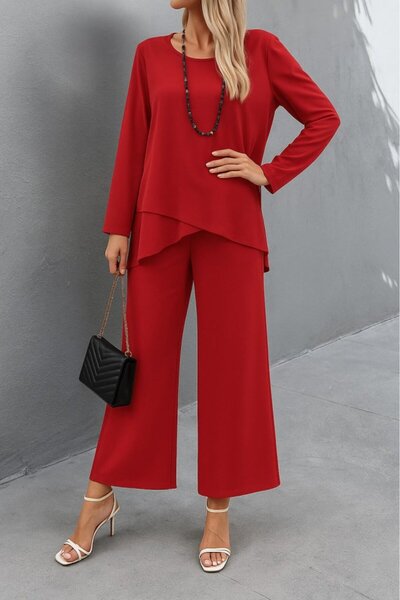 buğrahayalin Women's long sleeve asymmetrical detail loose sandy blouse and pants two-piece set