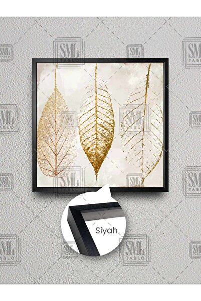 SML TABLO Pictură pe pânză pătrată înrămată cu frunze liniare aurii, decor mo...
