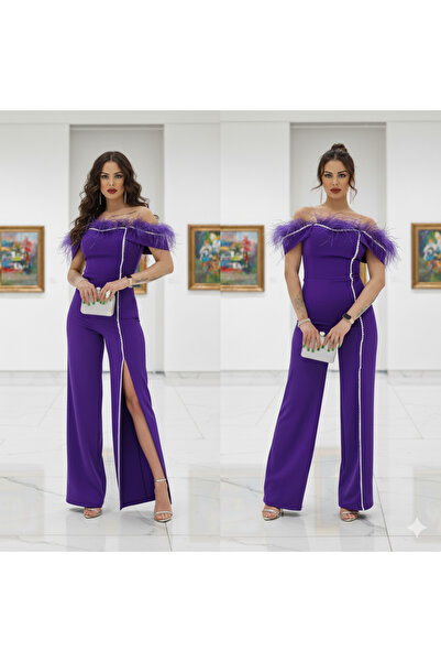 Robes Omuz Tüylü Abiye Tulum - Taş Detaylı Yırtmaçlı Geniş Paça Toptan-6864