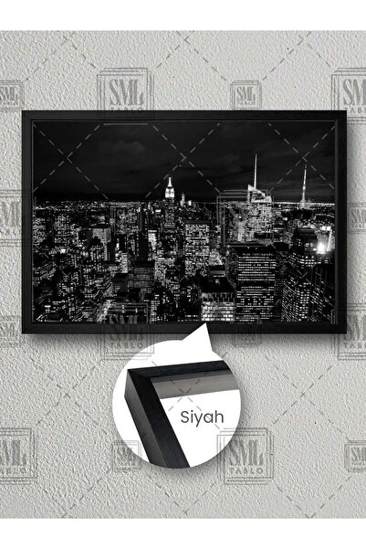 SML TABLO Gece New York Şehir Manzarası Metropol Şehir Işıkları Çerçeveli Yat...