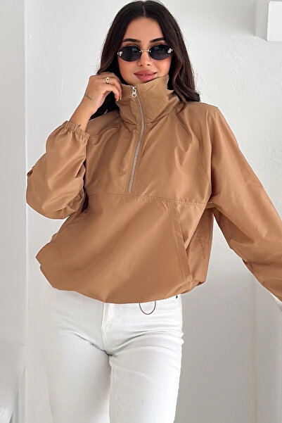 Meine Liebe Unterwäsche Camel Color Raincoat with Half Zipper and Stopper