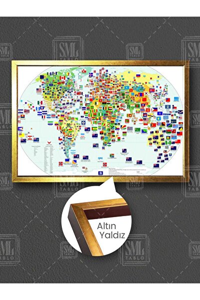 SML TABLO Tüm Ülkeler Dünya Siyasi Haritası Devlet Bayrakları Kıtalar Çerçeve...