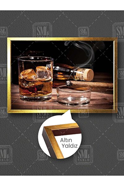 SML TABLO Buzlu Viski Bardağı ve Puro Duman Lüks Dekor Çerçeveli Yatay Kanvas...