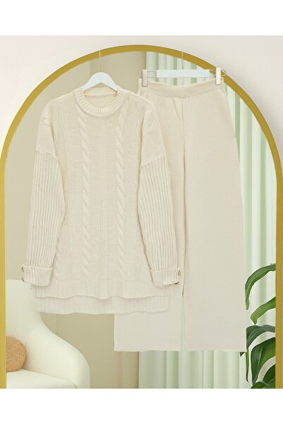 Modamorfo Hair Braid Pattern Sleeve Button Detailed Knitwear Set - Ecru