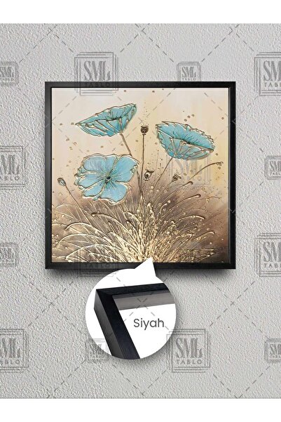 SML TABLO Flori albastre și ramuri aurii Peisaj natural Picături de aur Pictură pe pânză pătrată înrămată