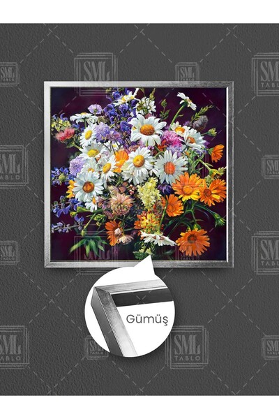 SML TABLO Bela tratinčica, narandžasta hrizantema, ljubičasti jorgovan, buket...