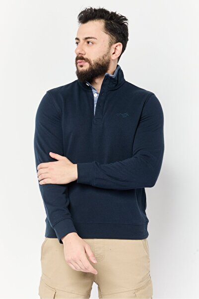 Perry Ellis Men High Neck Embroidered Logo Long Sleeves Sweatshirt, Navy