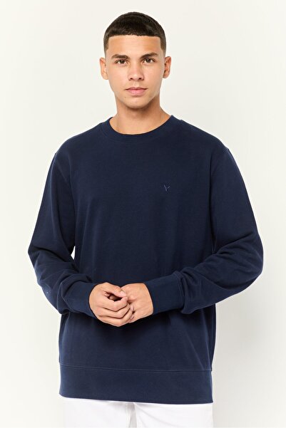 AMERICAN EAGLE سويت شيرت رجالي برقبة دائرية وأكمام طويلة وشعار مطرز، أزرق داكن