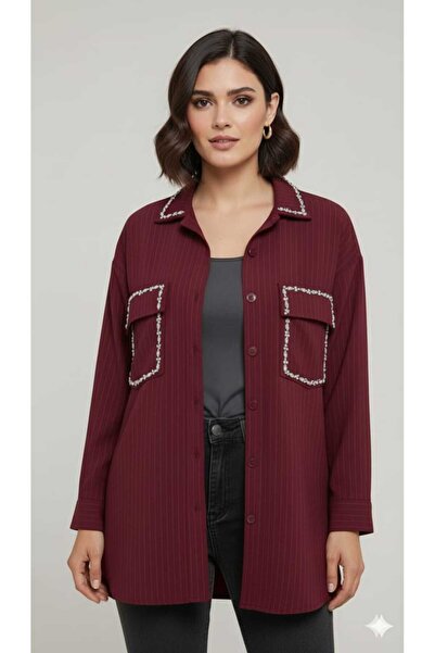 MODAADEL Bordo Renkli Ve Taşlı Gömlek