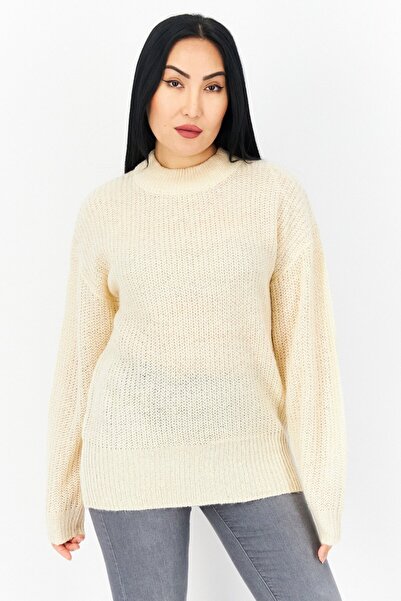 Brave Soul Women Crew Neck Long Sleeve Textured Sweater, Beige