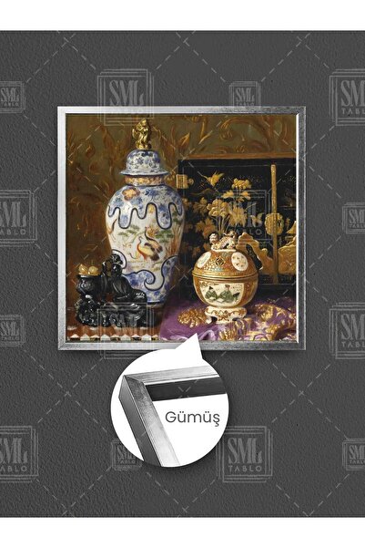 SML TABLO Антични вази от Далечния Изток, капак с скулптурна украса, картина върху платно в квадратна рамка