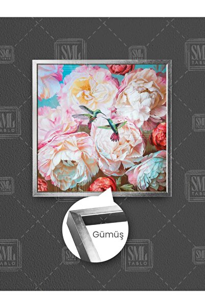 SML TABLO Pictură pe pânză pătrată înrămată cu flori de bujor alb și roz