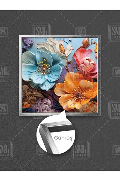 SML TABLO Πολύχρωμα λουλούδια Πορτοκαλί Μπλε Ροζ Λουλούδι Μοντέρνα διακόσμηση Τετράγωνος καμβάς εικόνας με κορνίζα
