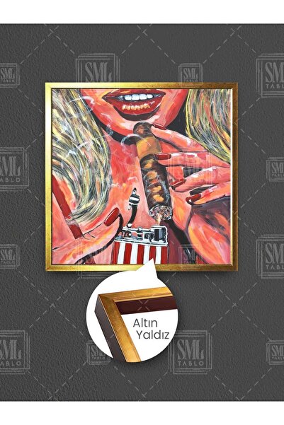 SML TABLO Блондинка с червено червило и червена запалка в квадратна картина с кубинска рамка
