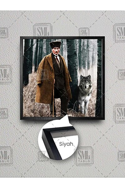 SML TABLO Mustafa Kemal Atatürk ve Ormanda Asil Kurt Bozkurt Çerçeveli Kare K...