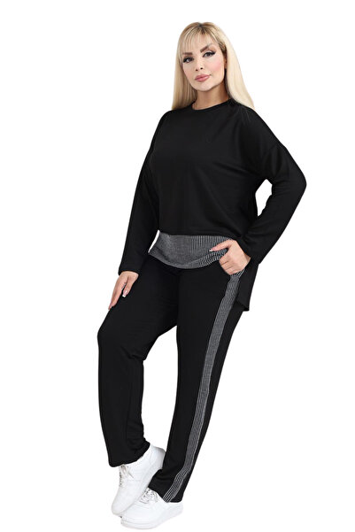 MELSAY Γυναικείο Σετ Φούτερ Μαύρο Χαλαρό Στριπτζάρι Μεγάλου Μεγέθους