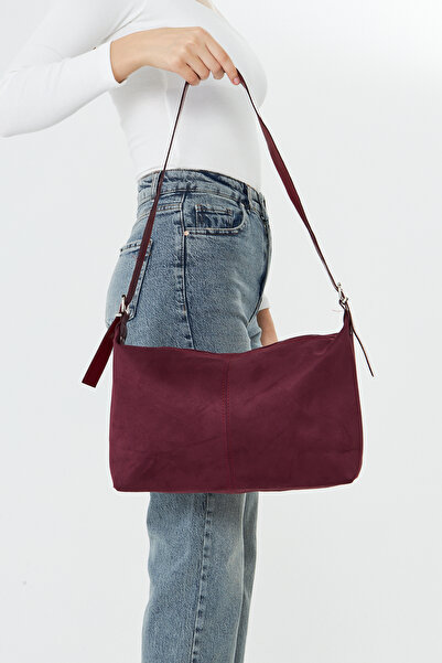 MODA حقيبة كتف وحقيبة يد نسائية من جلد الغزال باللون الأحمر الداكن من مترو