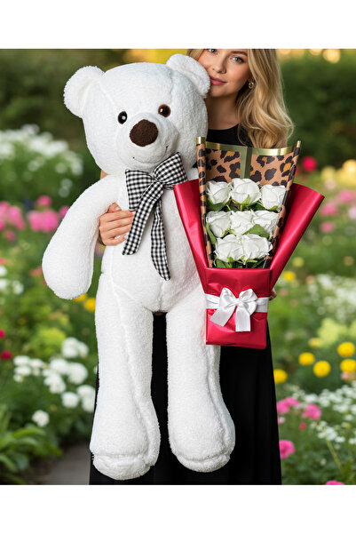 Linalux Gifts Kadina Hediye - 90cm Ayıcık ve Beyaz Gül Buketi - Yapay Çiçek B...
