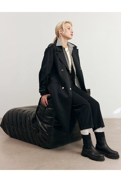 Kayra Trok Printed Trench Coat Black